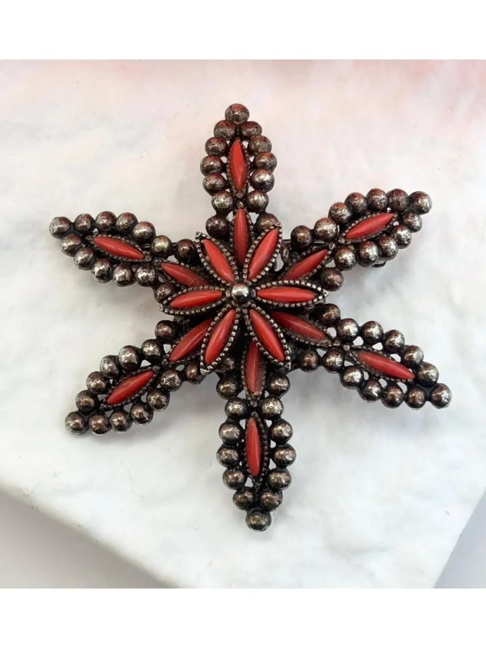 Faux Coral Dynamic Star | Starfish Silver Toned Vintage Costume Jewelry Brooch